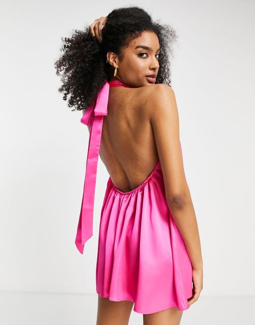 ASOS DESIGN satin halter neck playsuit in hot pink