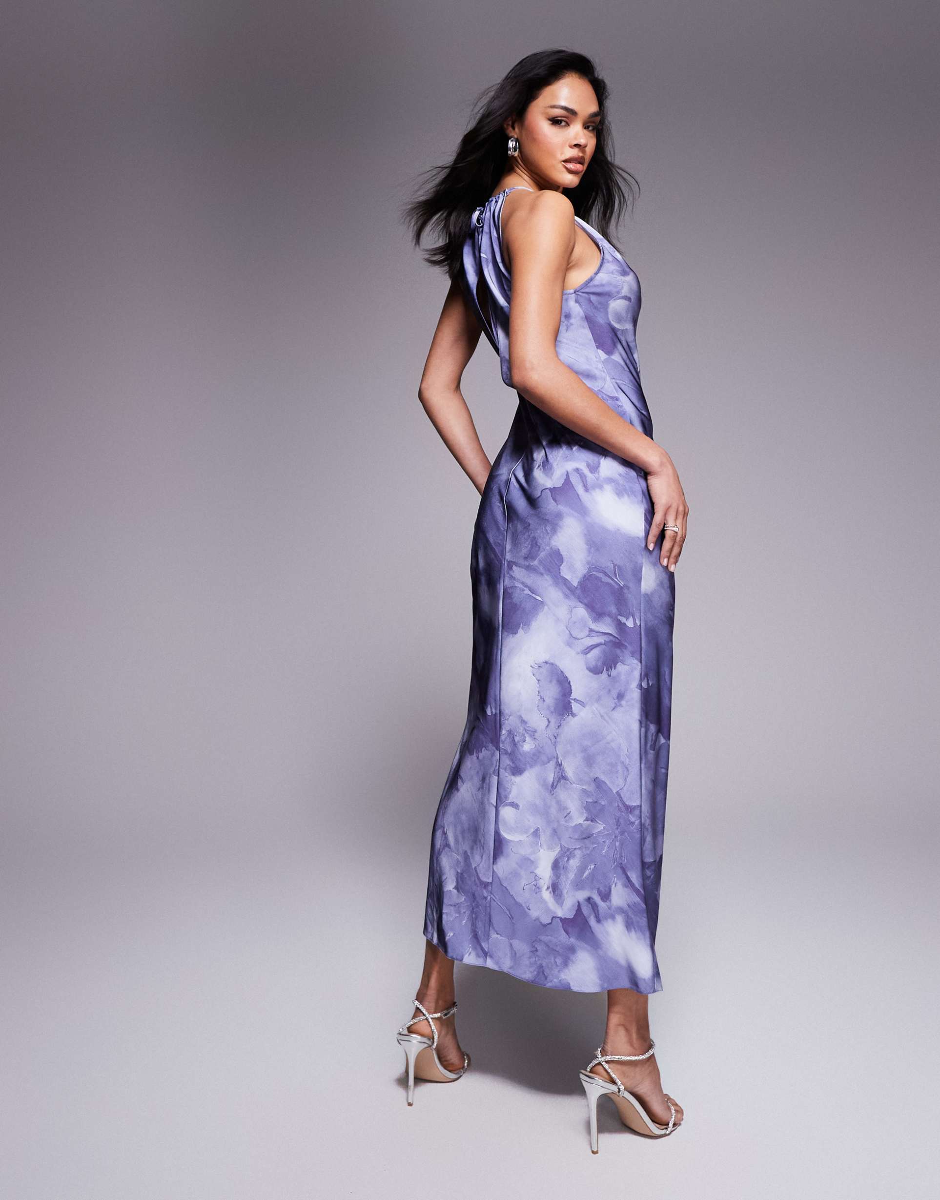 asos design satin halter neck split maxi dress in lilac abstract print