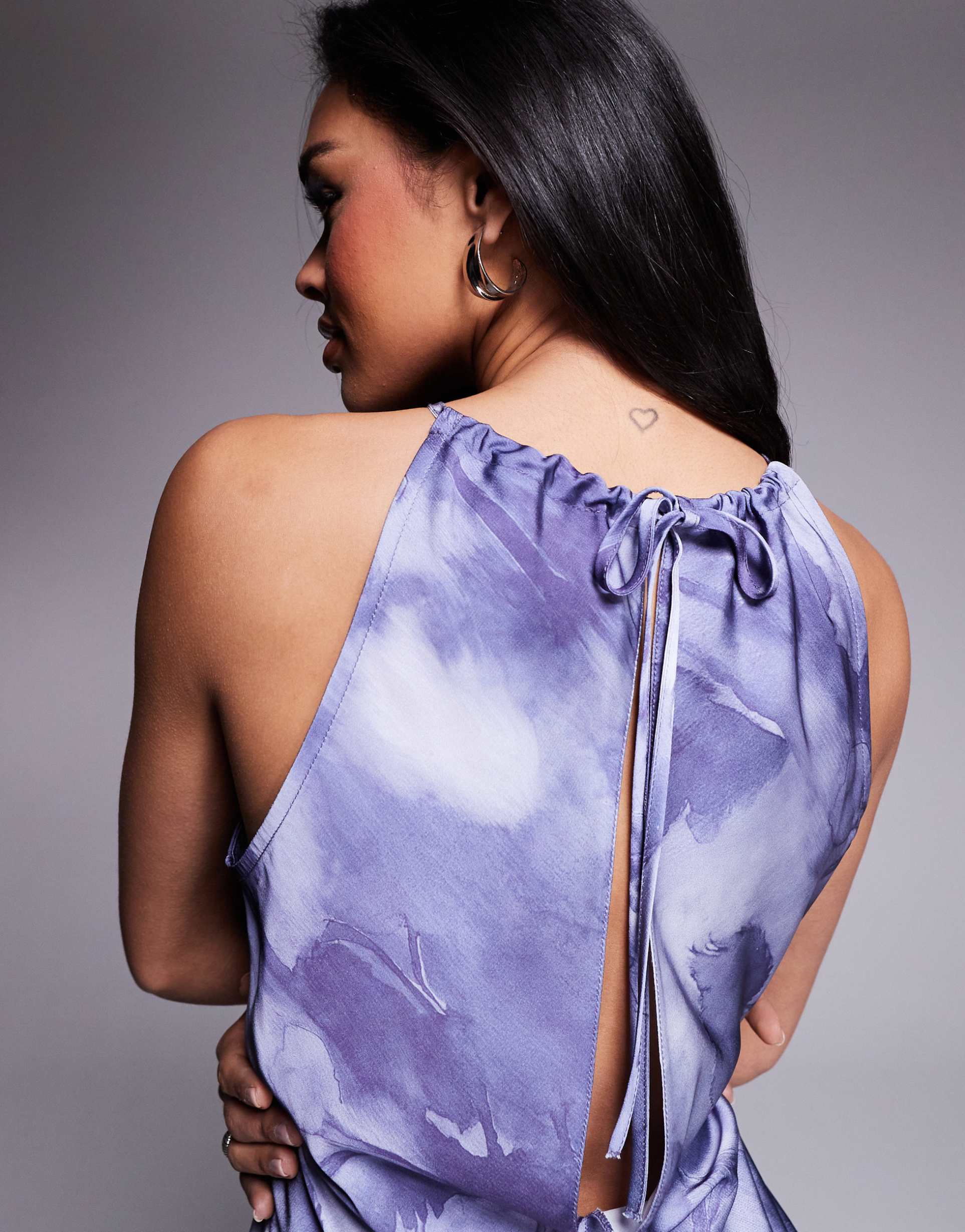 asos design satin halter neck split maxi dress in lilac abstract print