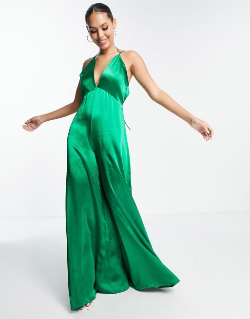 ASOS DESIGN satin halter neck strappy jumpsuit with tie back detail in green