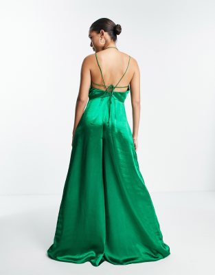 ASOS DESIGN satin halter neck strappy jumpsuit with tie back detail in green