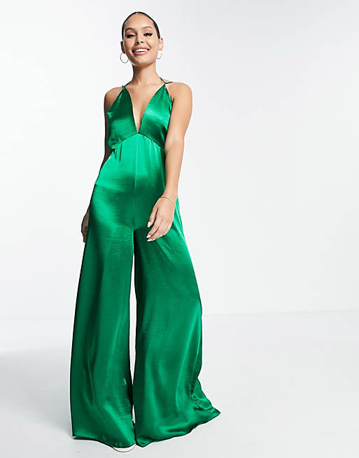 ASOS DESIGN satin halter neck strappy jumpsuit with tie back detail in green