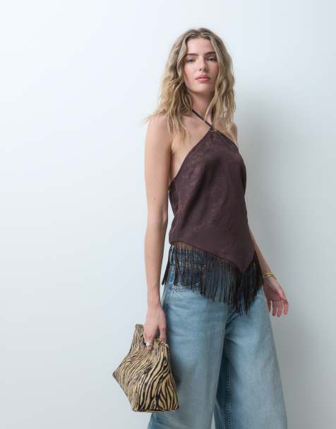 ASOS DESIGN satin halter neck tie top with fringe detailing in chocolate - view 1