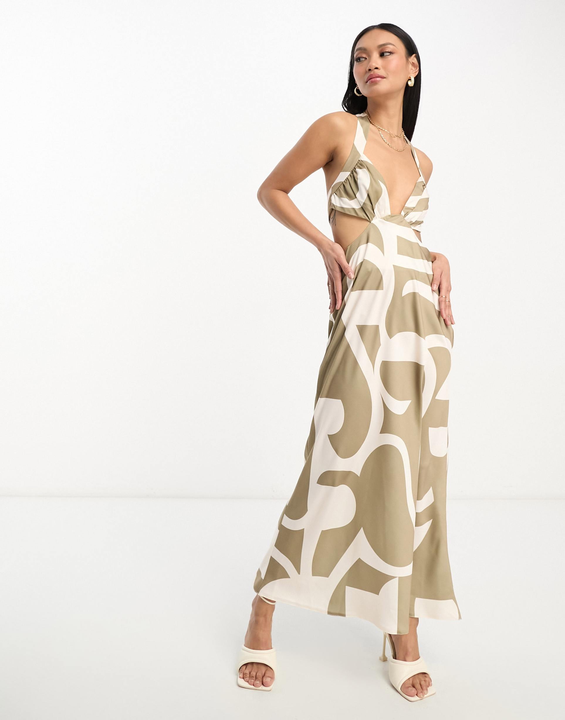 asos design satin halter plunge bust midi dress with cut out waist detail in brown geo print