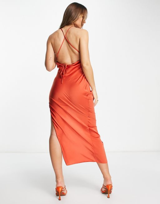 ASOS DESIGN satin halter ruched waist midi dress with high split in ginger