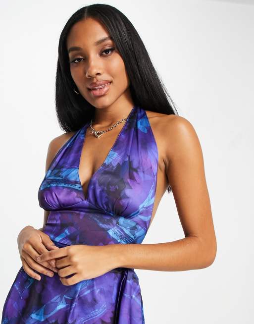 ASOS DESIGN satin halter scarf top co-ord in blue blur print