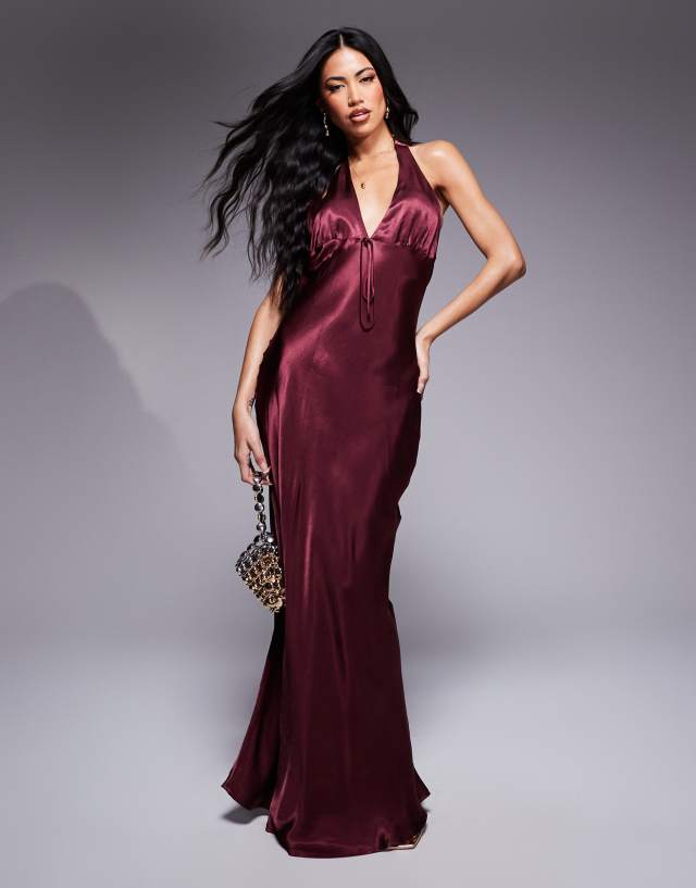 ASOS DESIGN satin halter tie front maxi dress in burgundy | ASOS