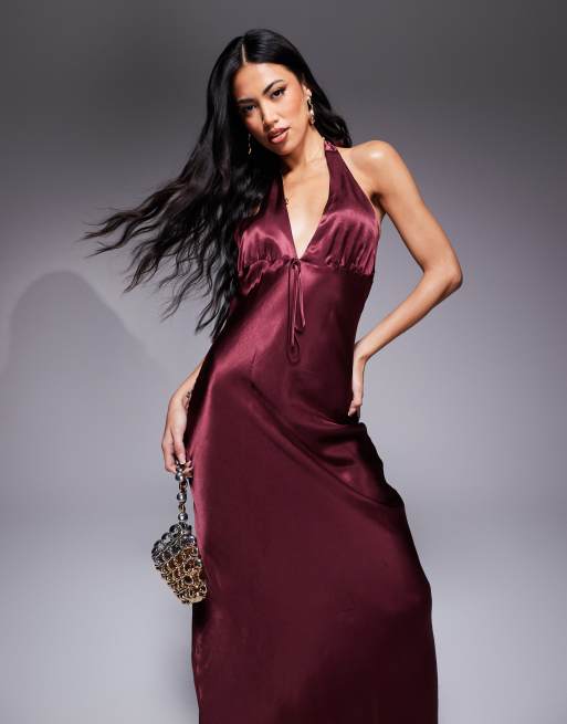 ASOS DESIGN satin halter tie front maxi dress in burgundy, 3 of 4
