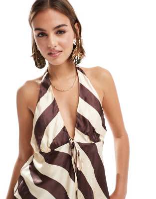 Asos Design Satin Halter Tie Front Top In Stripe-multi