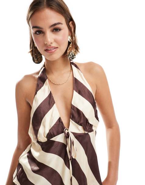 ASOS DESIGN satin halter tie front top in stripe - view 1