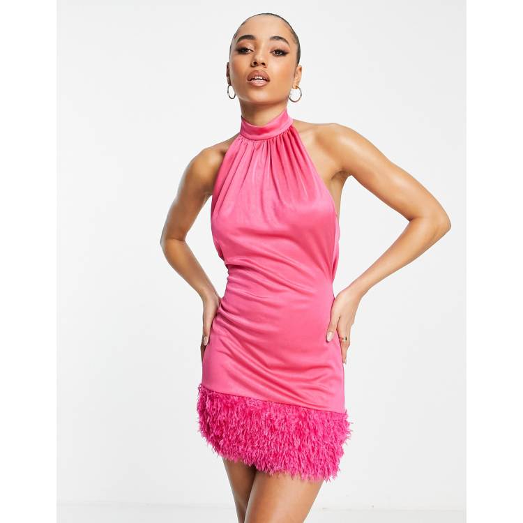 halter neck feather trim cocktail dress ASOS DESIGN satin tie mini with faux in pink Mini dress