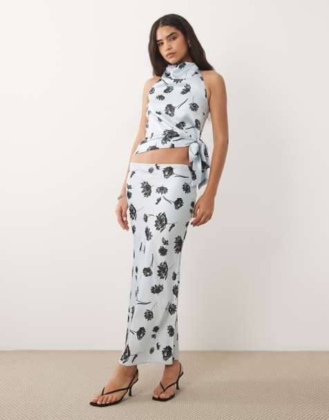 ASOS DESIGN satin halter tie top set in blue floral - view 1