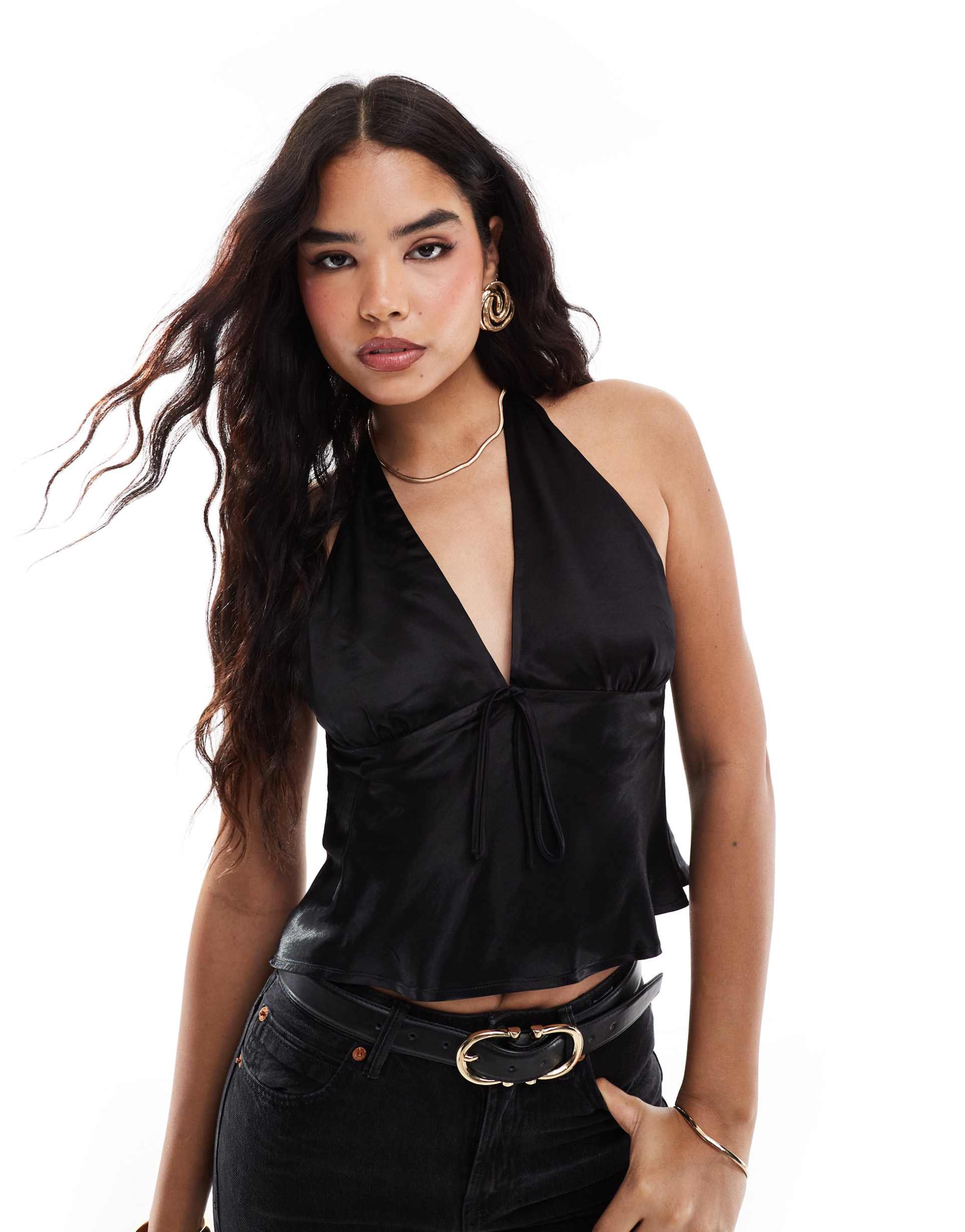asos design satin halter top in black
