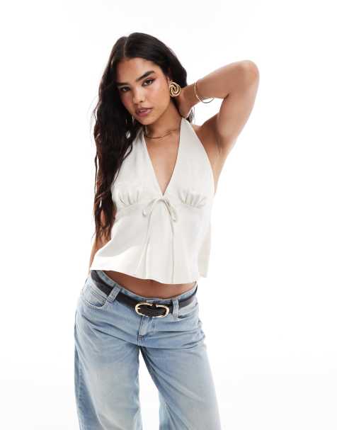 ASOS DESIGN satin halter top in ivory - view 1