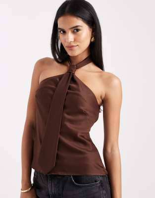 Asos Design Satin Halter Top With Tie Detail In Brown