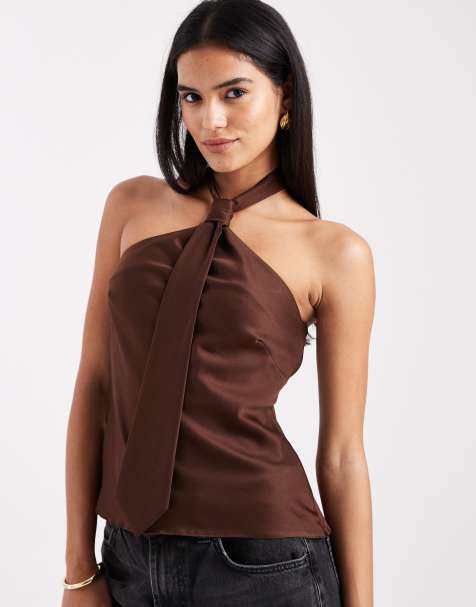 ASOS DESIGN satin halter top with tie detail in brown - view 1