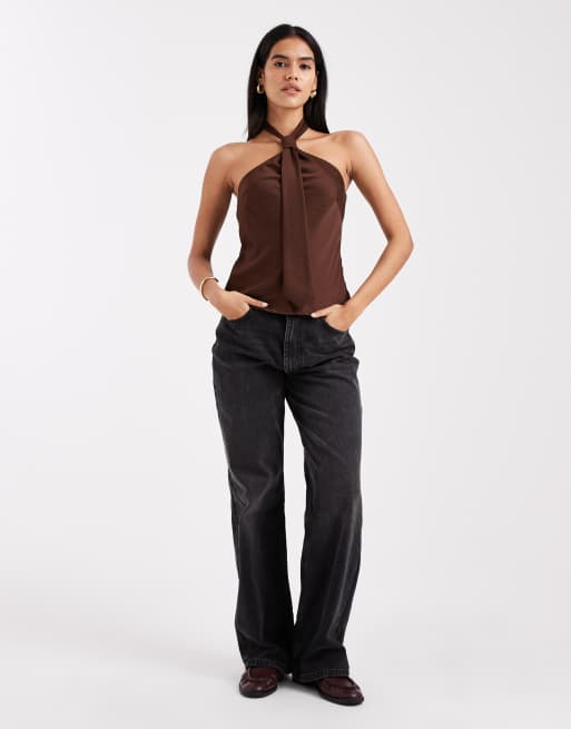 ASOS DESIGN satin halter top with tie detail in brown, 4 of 4
