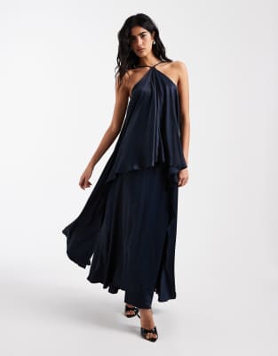 Asos Design Satin Halter Trapeze Maxi Dress In Blue