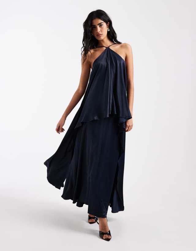 halter trapeze maxi dress ASOS DESIGN satin in navy BRIDALSALE