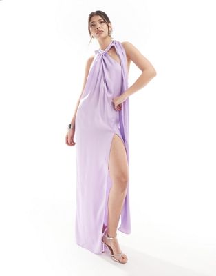 Asos Design Satin Halter Wrap Neck Detail Maxi Dress With Drape Detail In Lavender-purple