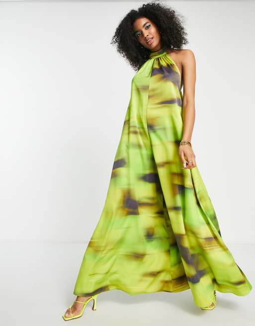 ASOS DESIGN satin halterneck backless wide leg jumpsuit in marble print