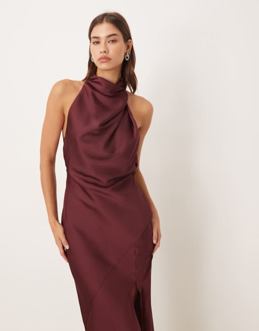 ASOS DESIGN satin halterneck maxi dress with cowl back detail in berry