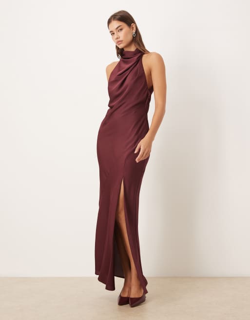 ASOS DESIGN satin halterneck maxi dress with cowl back detail in berry