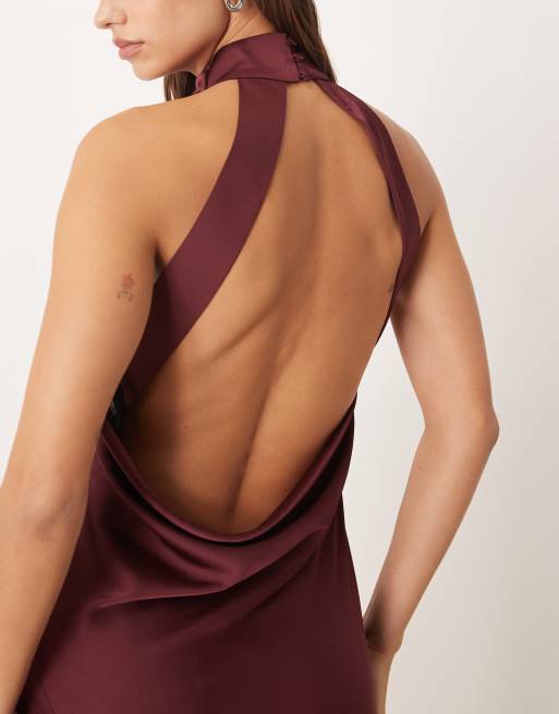 ASOS DESIGN satin halterneck maxi dress with cowl back detail in berry