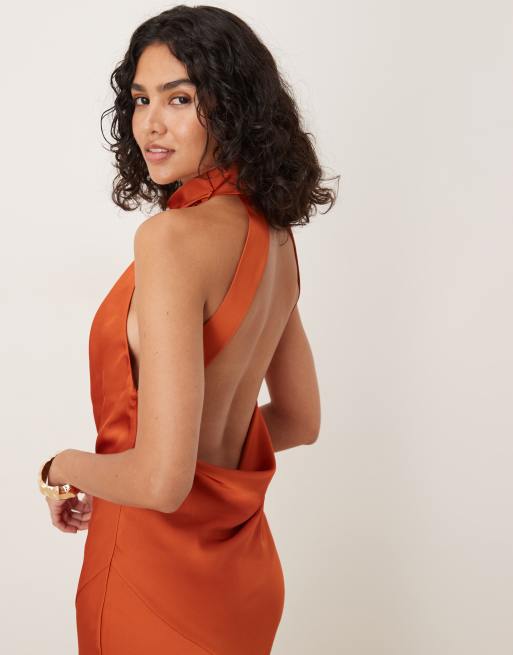ASOS DESIGN satin halterneck maxi dress with cowl back detail in rust