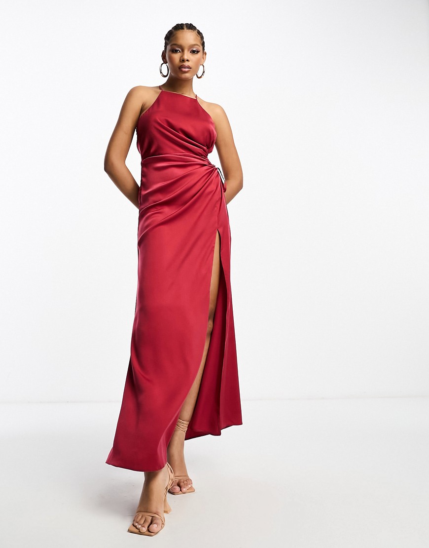 ASOS DESIGN satin halterneck maxi dress with ruched cut out waist detail in wine-Red