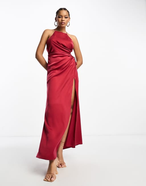 ASOS DESIGN satin halterneck maxi dress with ruched cut out waist detail in wine