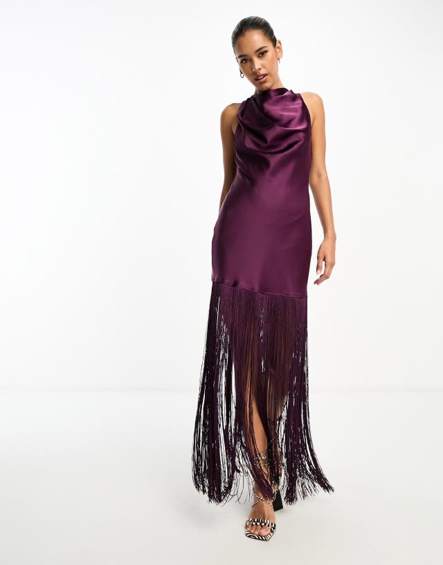 asos design fringe cowl halter maxi dress in purple satin halterneck mini with hem Chiffon maxi