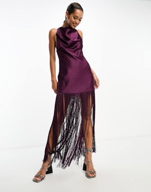ASOS DESIGN satin halterneck mini dress with fringe hem in purple, 3 of 4