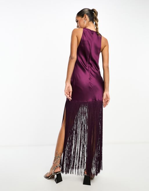 ASOS DESIGN corset detail maxi dress with asymmetric ruffle hem in burgundy