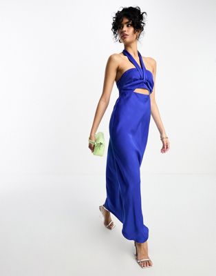 ASOS DESIGN satin halterneck twist maxi dress with cut out front in blue | ASOS