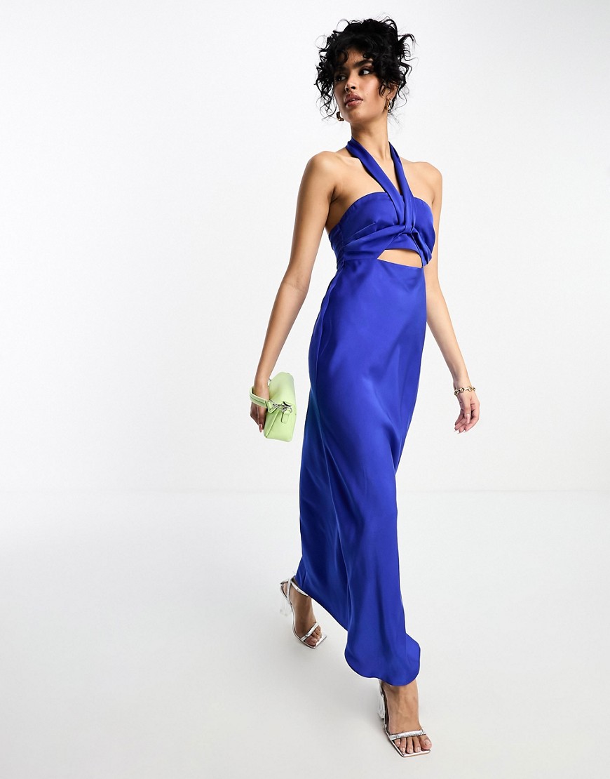 Asos Design Satin Halterneck Twist Maxi Dress With Cut Out Front In Blue