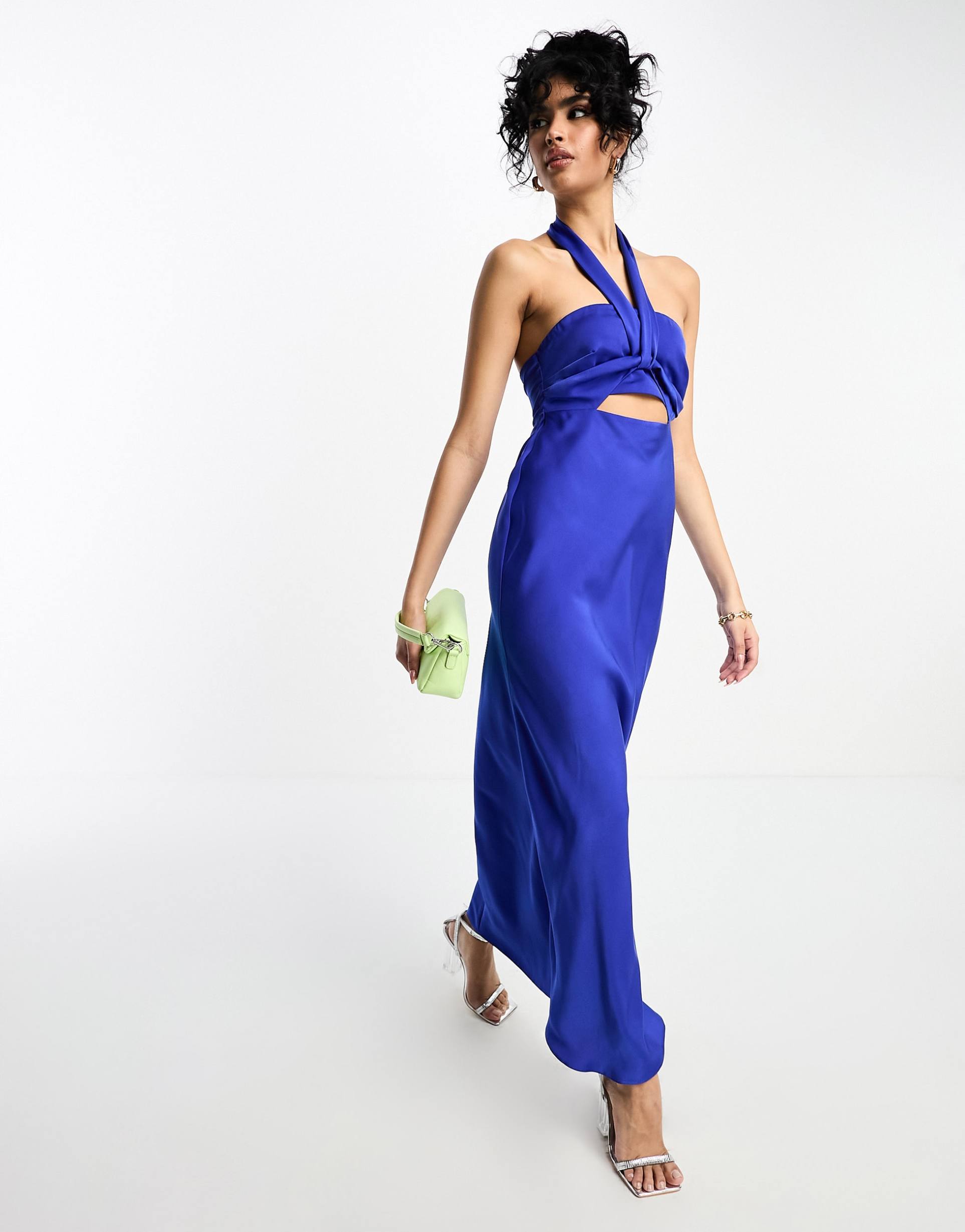 asos design satin halterneck twist maxi dress with cut out front in blue