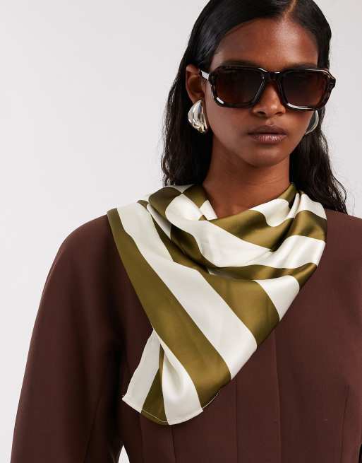 ASOS DESIGN satin headscarf in olive stripe, 2 of 3