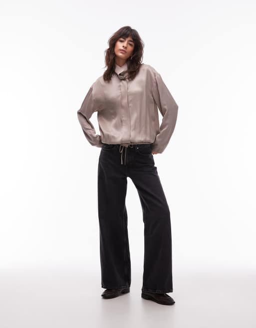 ASOS DESIGN – Satin-Hemd in Mokkabraun mit Trichterkragen, Kombiteil, 2 von 4