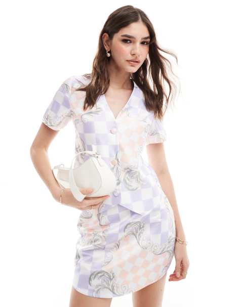 ASOS DESIGN – Satin-Hemdbluse mit lila Gittermuster, Kombiteil - view 1