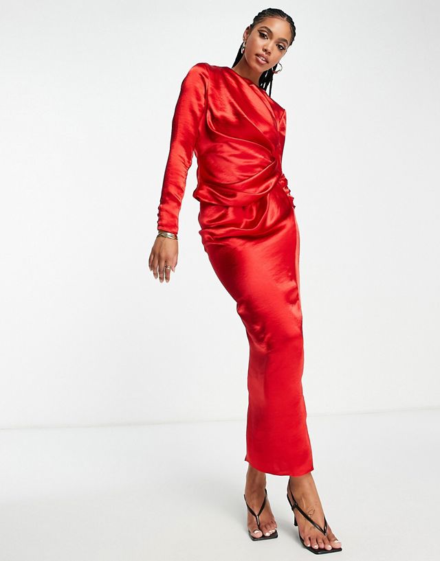 ASOS DESIGN satin high drape neck maxi dress with long sleeves in red