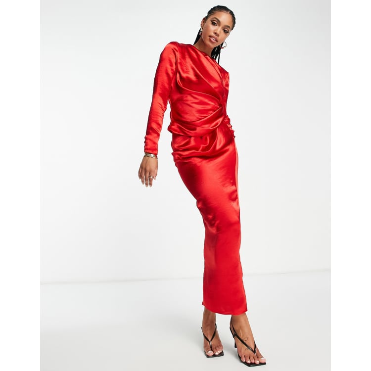 ASOS DESIGN satin high drape neck maxi dress with long sleeves in red