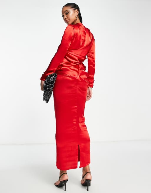 ASOS DESIGN satin high drape neck with long sleeves in red | ASOS