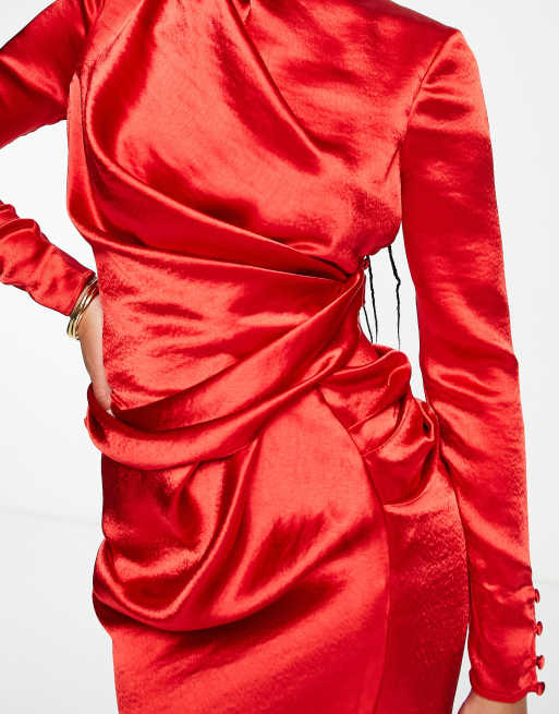 ASOS DESIGN satin high drape neck with long sleeves in red | ASOS