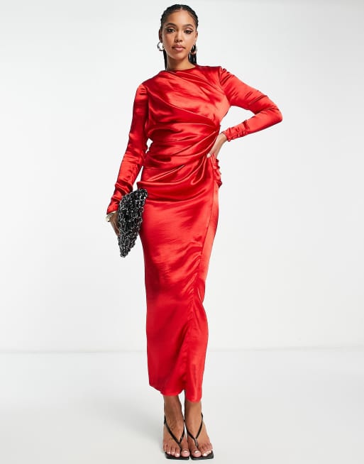 Kommunisme Anerkendelse hun er ASOS DESIGN satin high drape neck maxi dress with long sleeves in red | ASOS