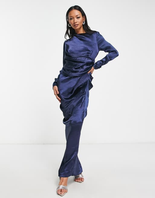 ASOS DESIGN satin high drape neck maxi with long sleeves in navy | ASOS