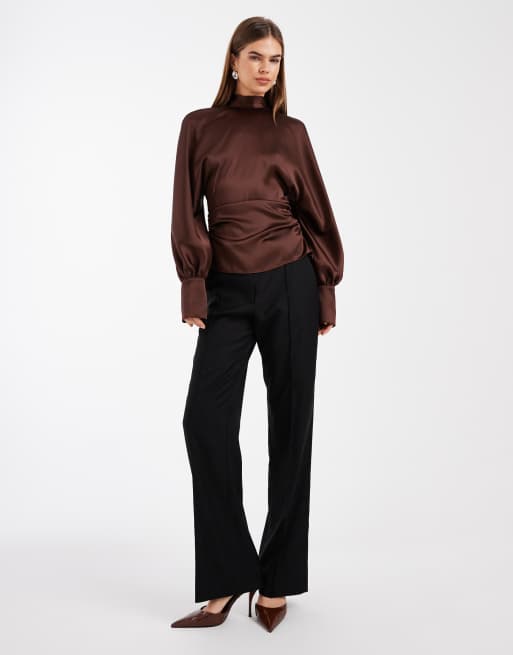 ASOS DESIGN satin high neck batwing blouse in chocolate, 3 of 4