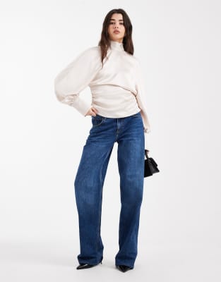 Asos Design Satin High Neck Batwing Blouse In Brown