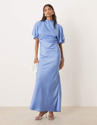 Asos Design Satin High Neck Blouson Maxi Dress With Flutter Sleeve In Blue