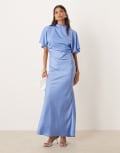 [ASOS DESIGN] ASOS DESIGN satin high neck blouson maxi dress with flutter sleeve in blue 12 BLUE